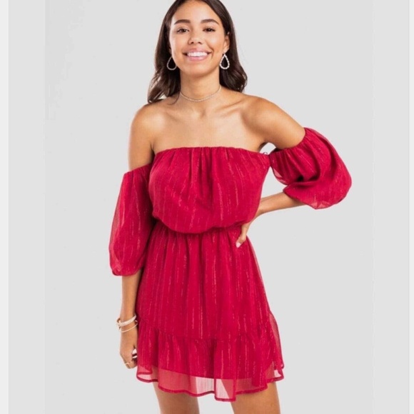 Francesca MI AMI Off Shoulder Dress Red with Metallic Thread - Size XS - Picture 1 of 4
